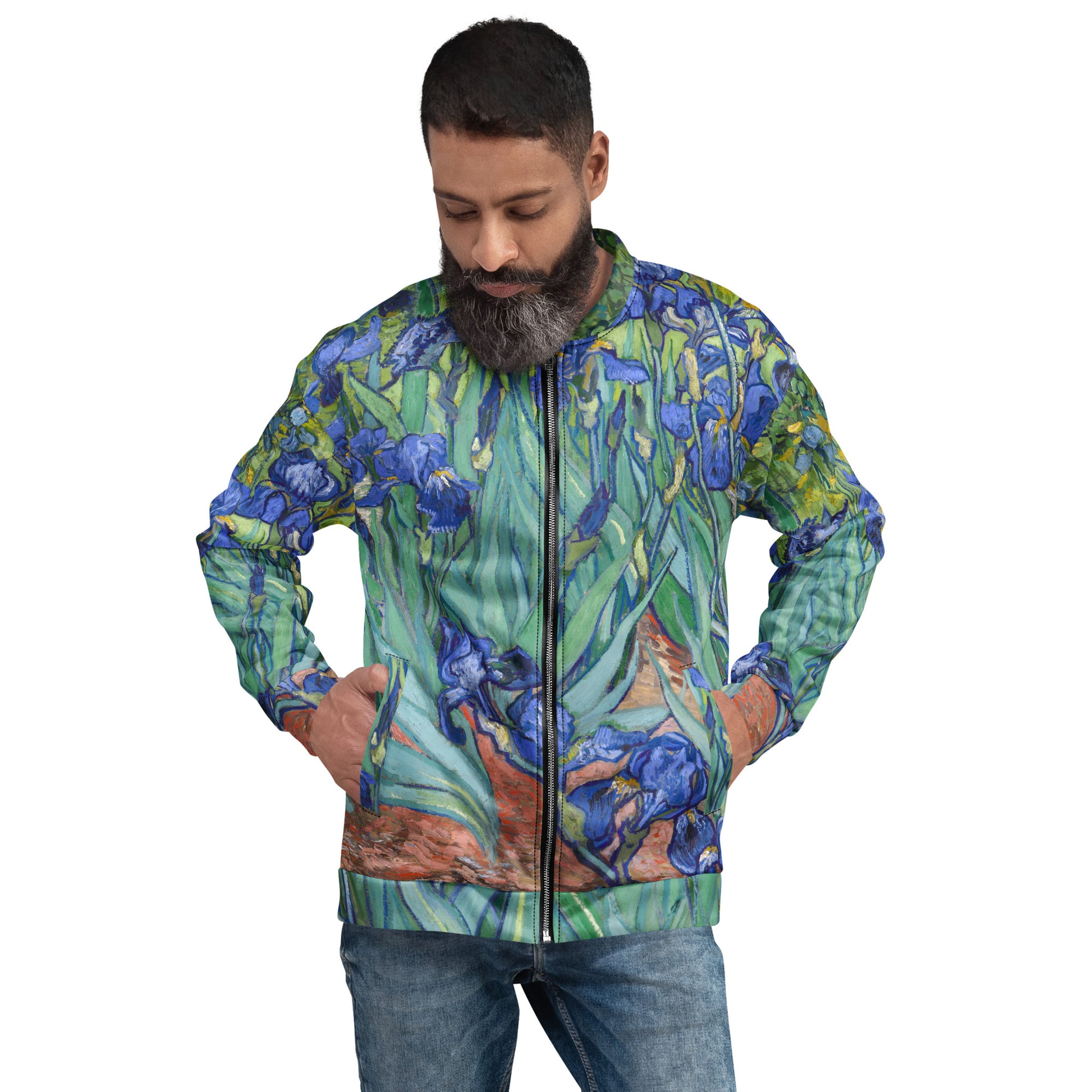Model 2 - Vincent van Gogh Unisex Bomber Jacket – Irises in Full Bloom