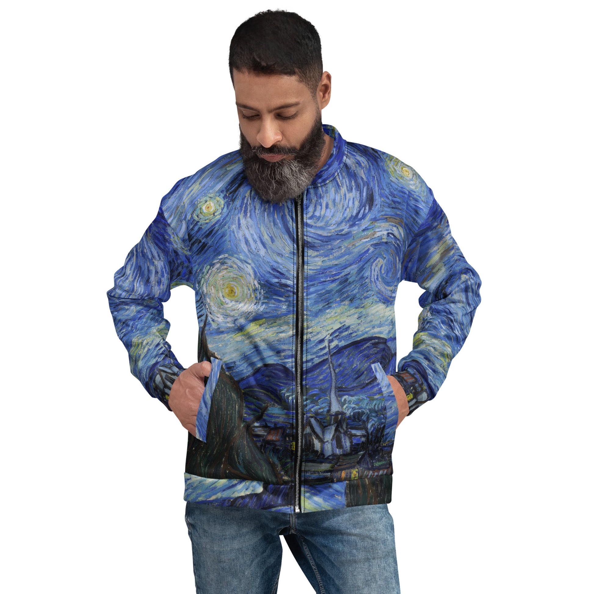 Model 2 - Vincent van Gogh Unisex Bomber Jacket – Starry Night Statement Style