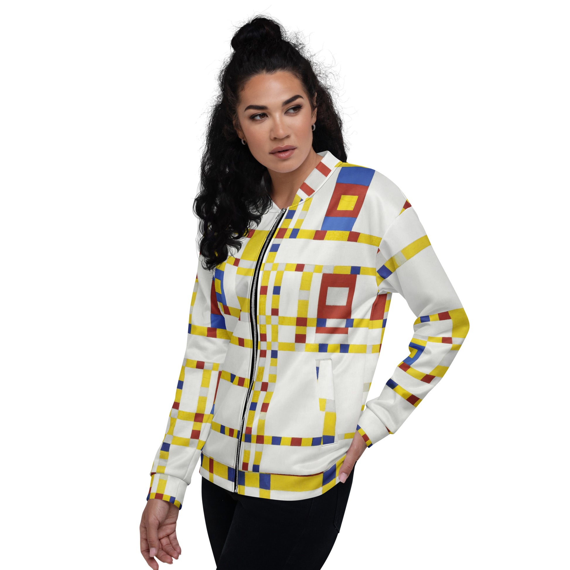 Model 1 - Mondriaan Unisex Bomber Jacket – Broadway Boogie Woogie Rhythm