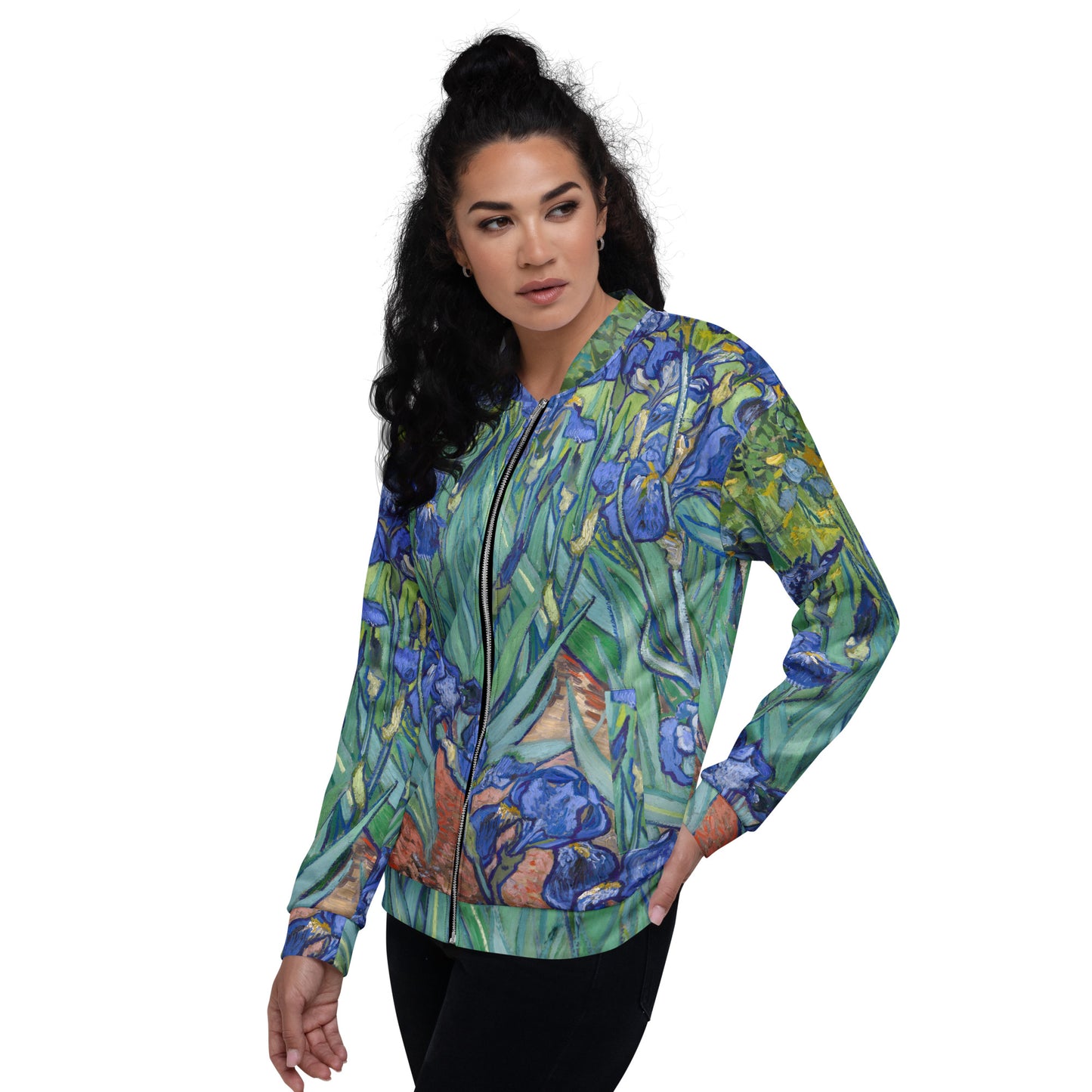 Model 1 - Vincent van Gogh Unisex Bomber Jacket – Irises in Full Bloom