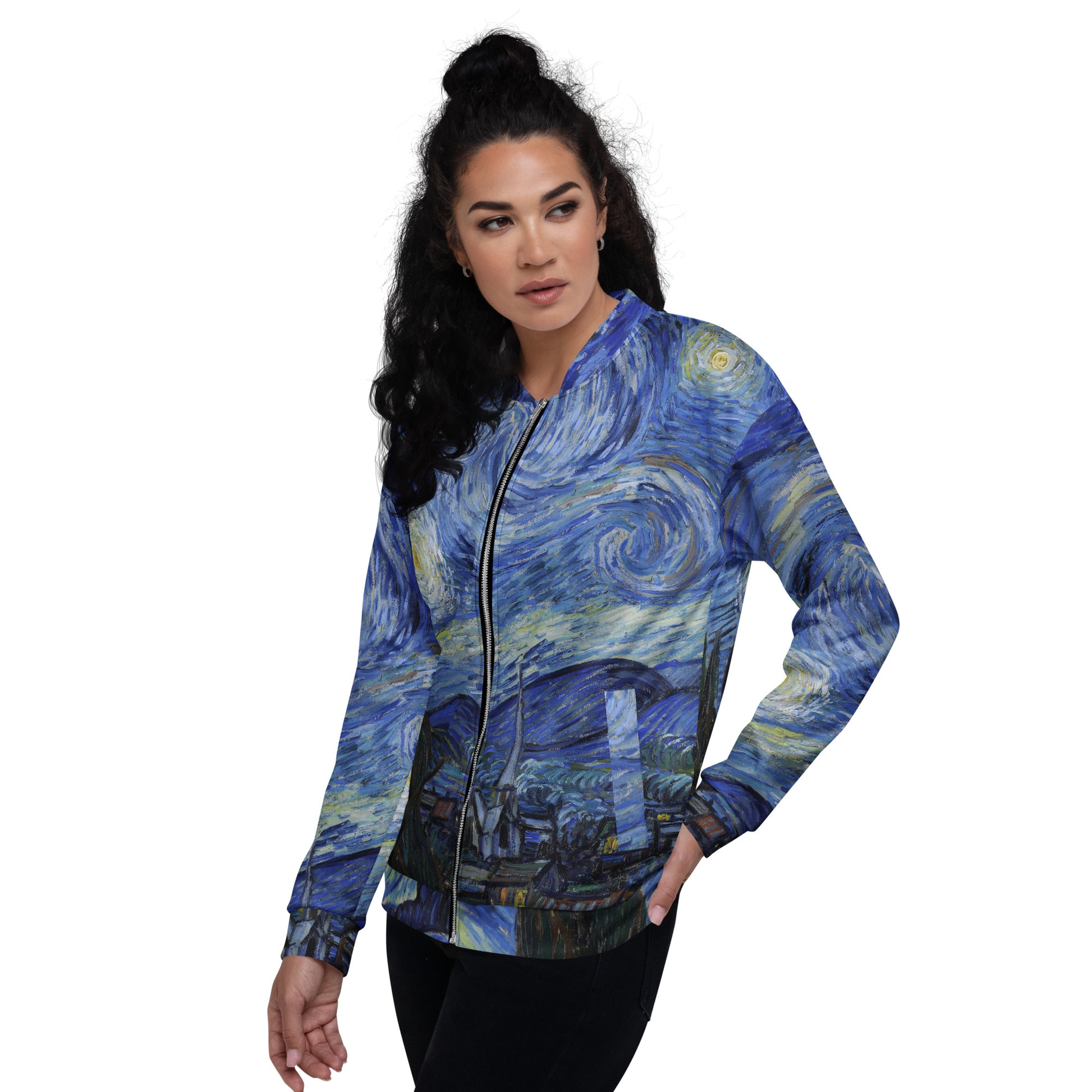 Model 1 - Vincent van Gogh Unisex Bomber Jacket – Starry Night Statement Style