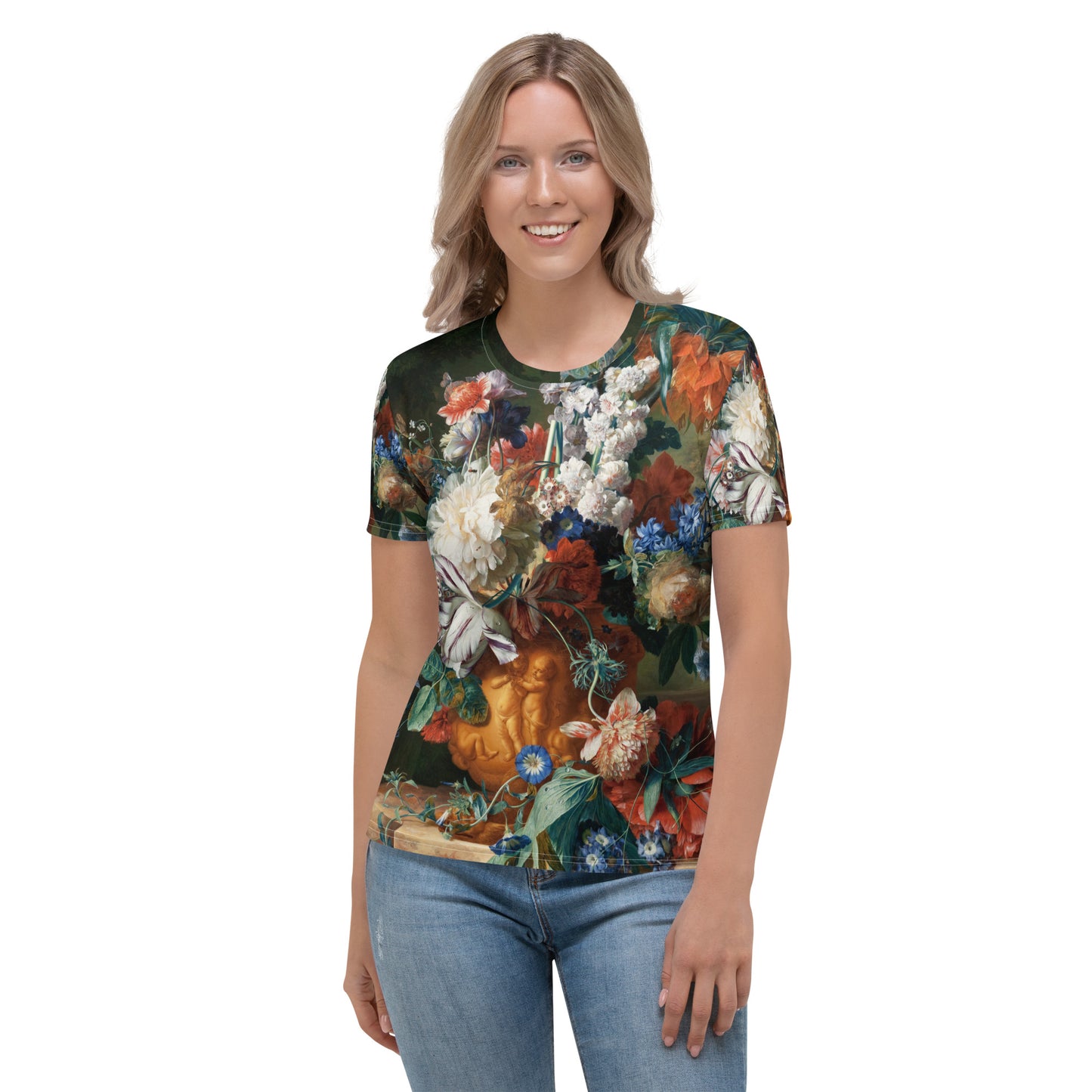 Model 2 - Jan van Huysum Women's T-Shirt – Garden Grandeur Revived
