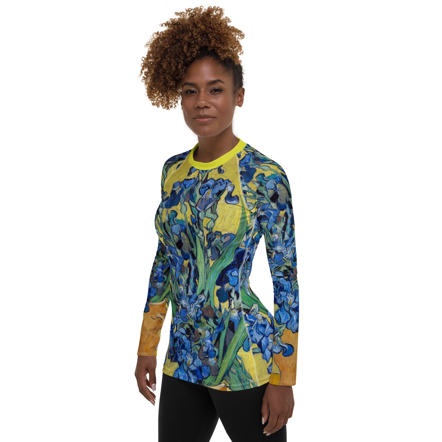 Model 2 - Van Gogh Women’s Rash Guard – Irises Elegance in Wearable Art