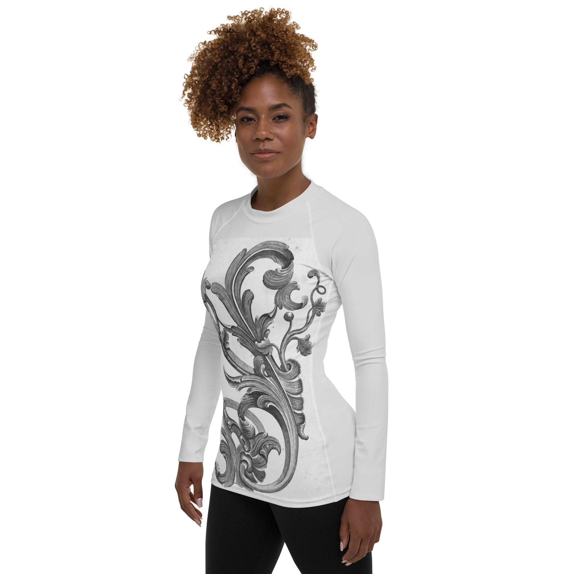 Model 2 - Floral Ironwork Women's Rash Guard – Ornamental Elegance in Motion