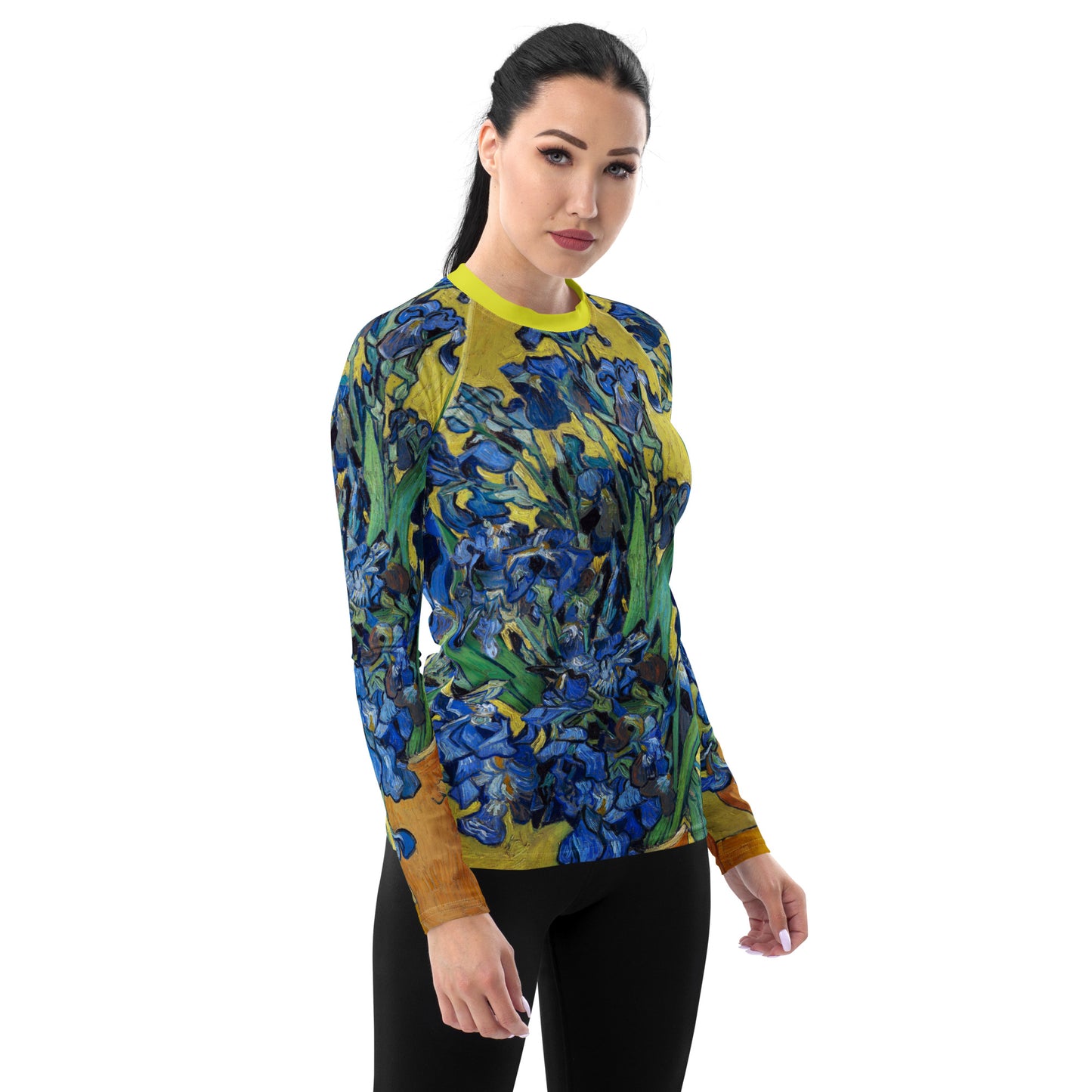Model 1 - Van Gogh Women’s Rash Guard – Irises Elegance in Wearable Art
