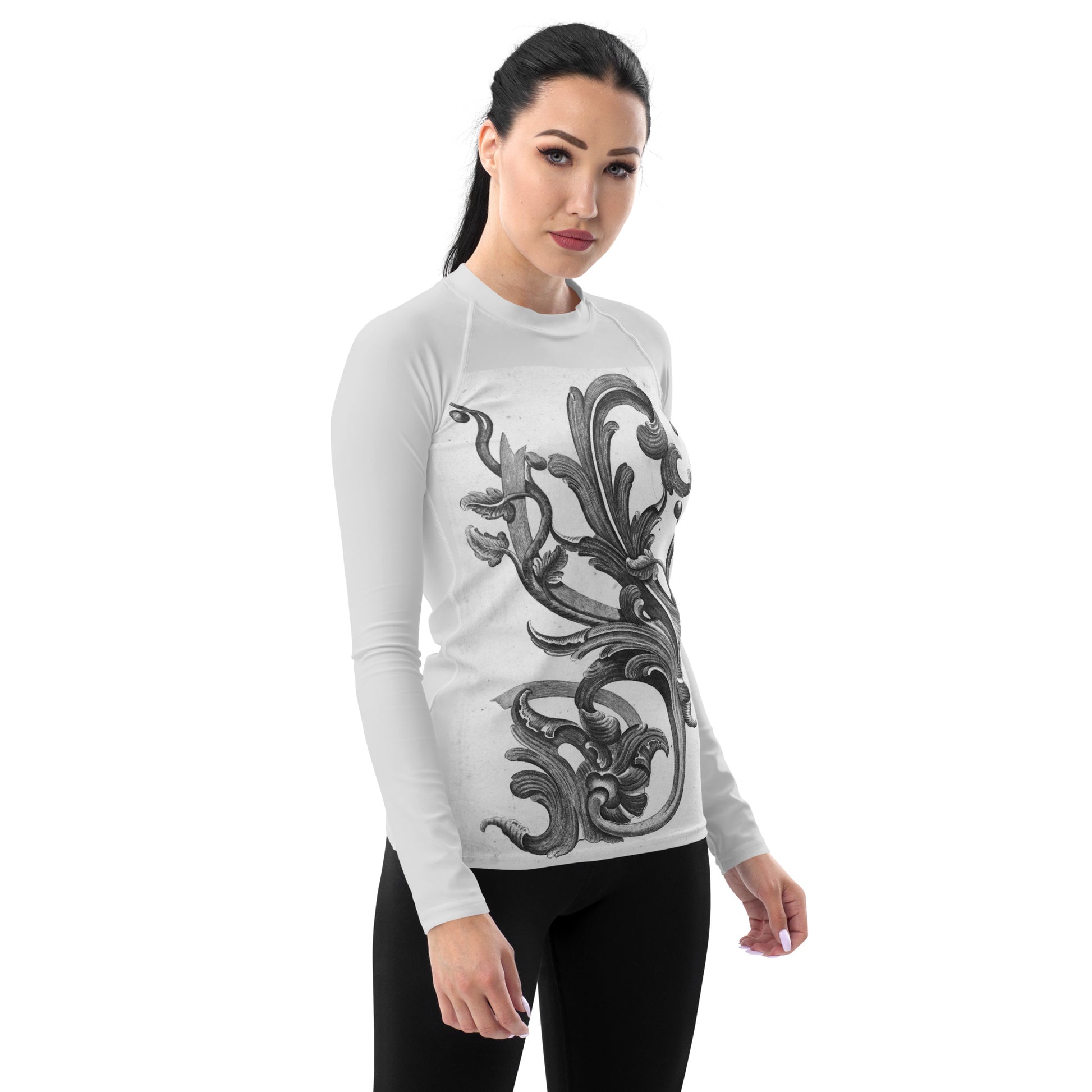 Model 1 - Floral Ironwork Women's Rash Guard – Ornamental Elegance in Motion