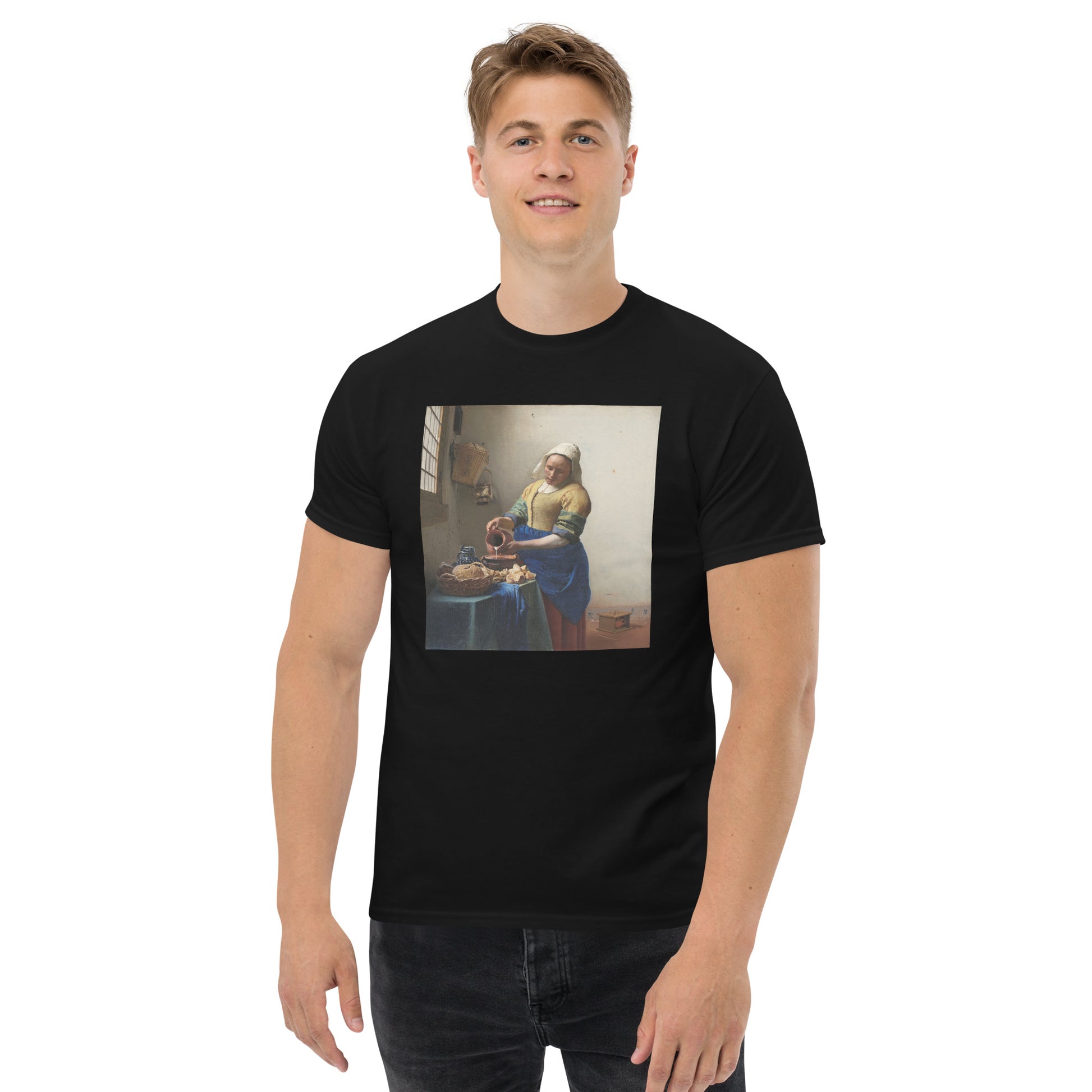 Model 2 - Vermeer Milkmaid Men's Classic Tee – Iconic Art in Everyday Wear