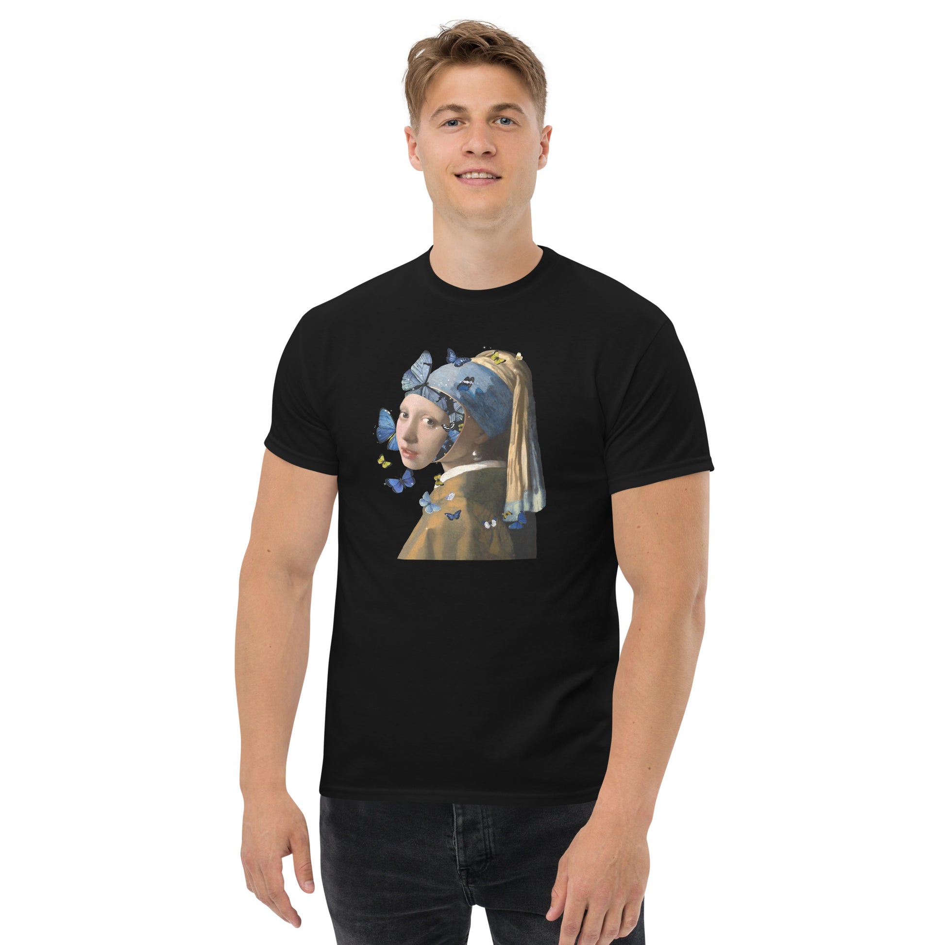 Model 2 - Vermeer Butterfly Men's Classic Tee – Graceful Art in Motion
